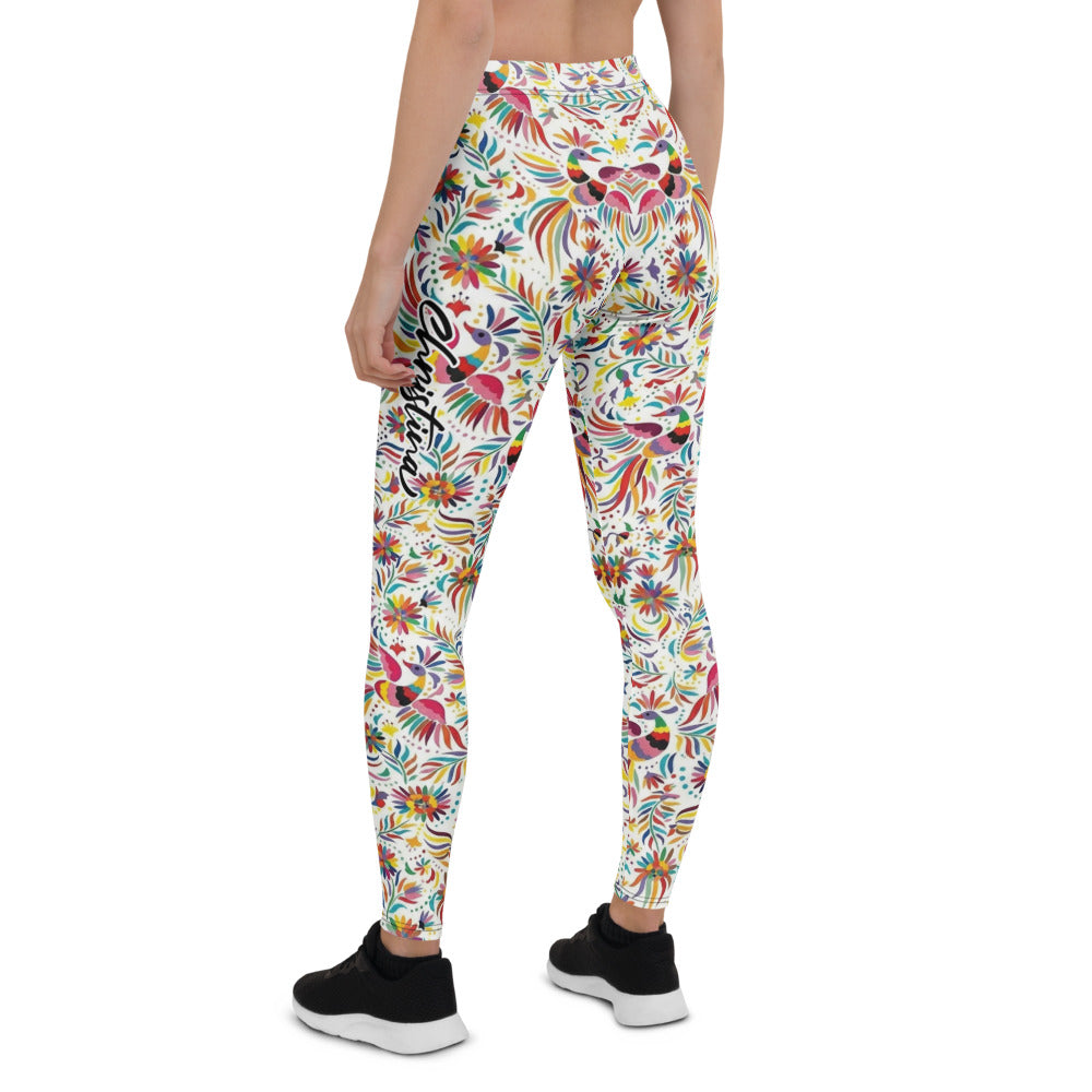 Personalisierte Damen Sportleggings Weiß Bunt Blumen Vögel Muster Fitness Yoga Leggings N404