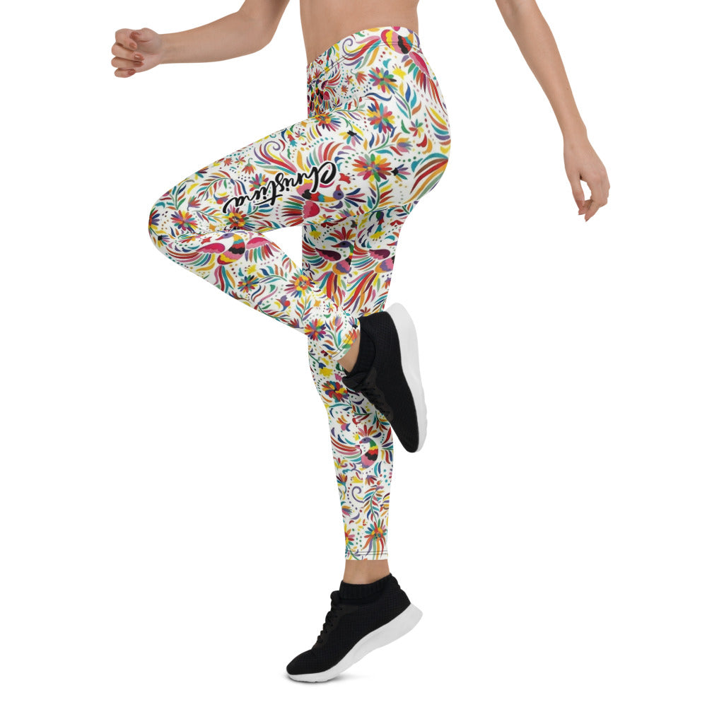Personalisierte Damen Sportleggings Weiß Bunt Blumen Vögel Muster Fitness Yoga Leggings N404