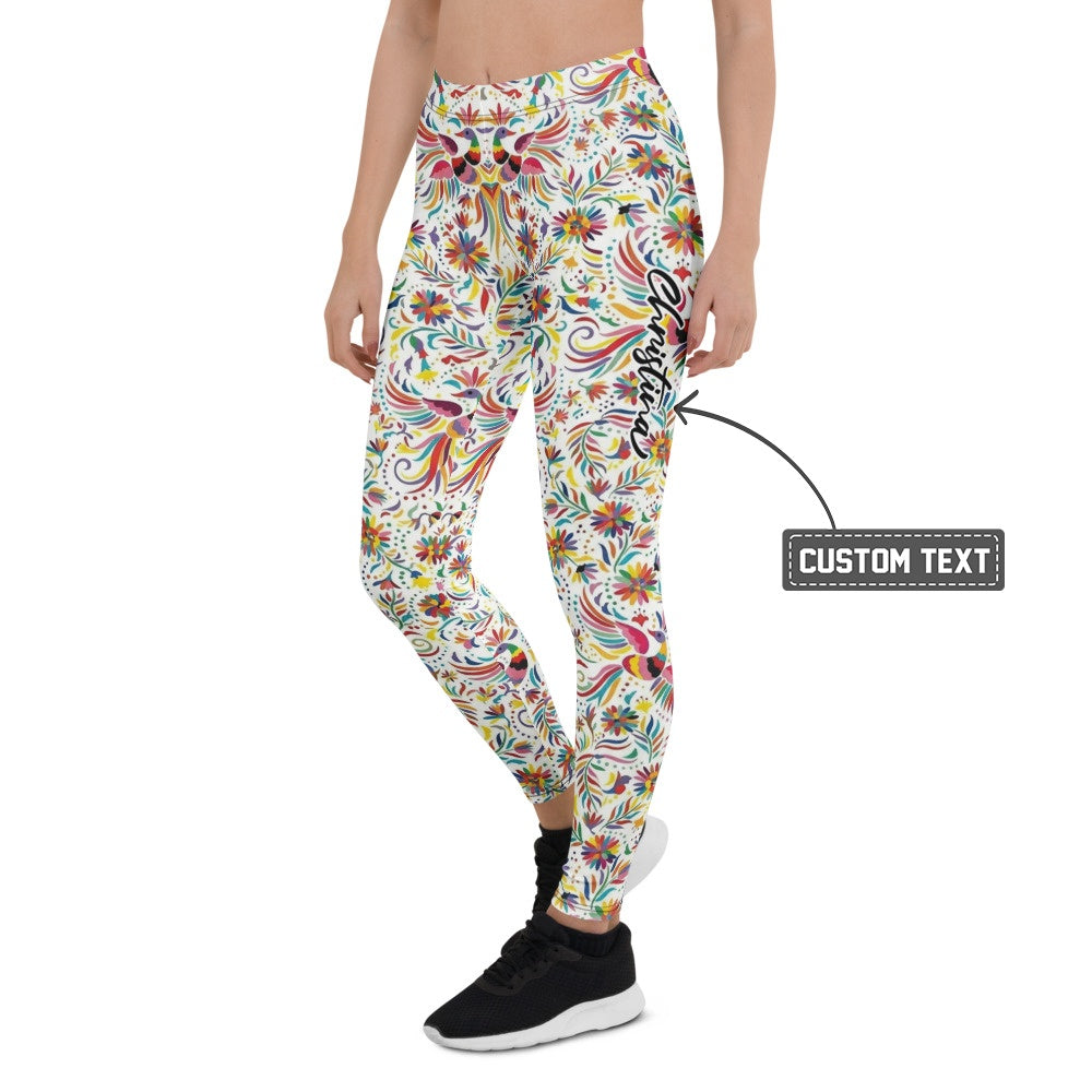 Personalisierte Damen Sportleggings Weiß Bunt Blumen Vögel Muster Fitness Yoga Leggings N404 - XL