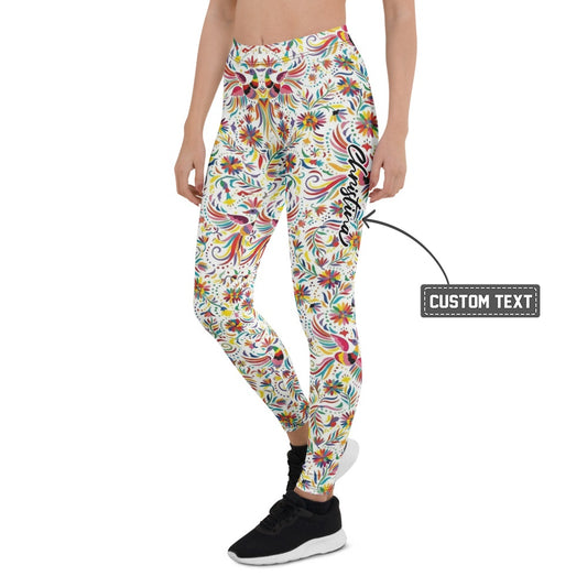 Personalisierte Damen Sportleggings Weiß Bunt Blumen Vögel Muster Fitness Yoga Leggings N404 - XL