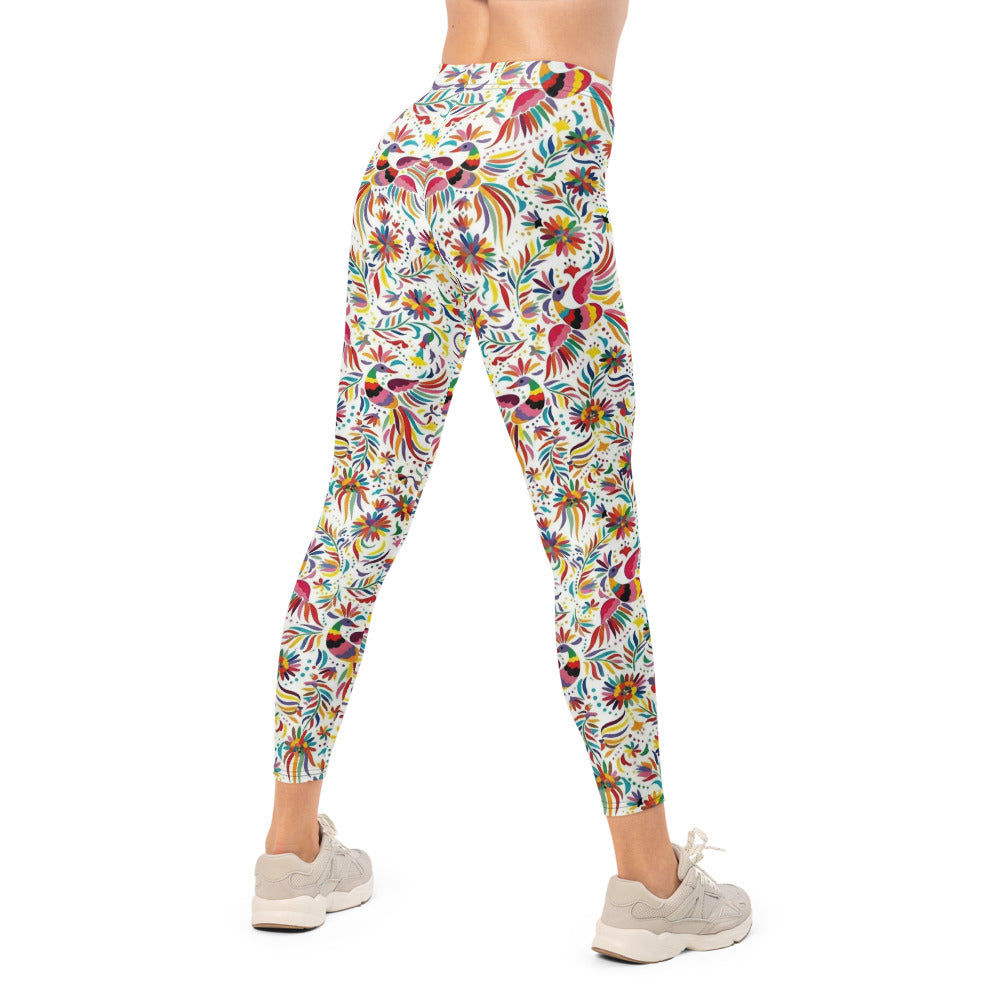 Personalisierte Damen Sportleggings Weiß Bunt Blumen Vögel Muster Fitness Yoga Leggings N404
