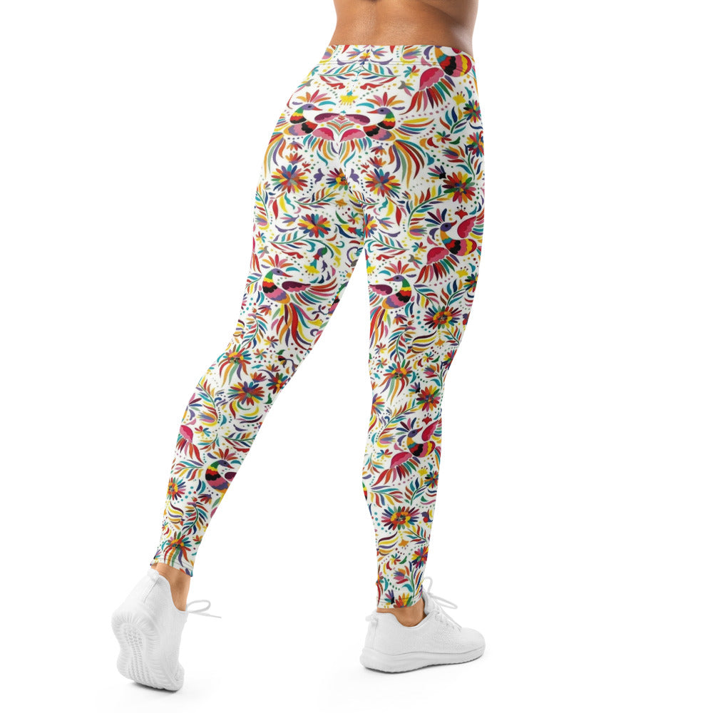 Personalisierte Damen Sportleggings Weiß Bunt Blumen Vögel Muster Fitness Yoga Leggings N404
