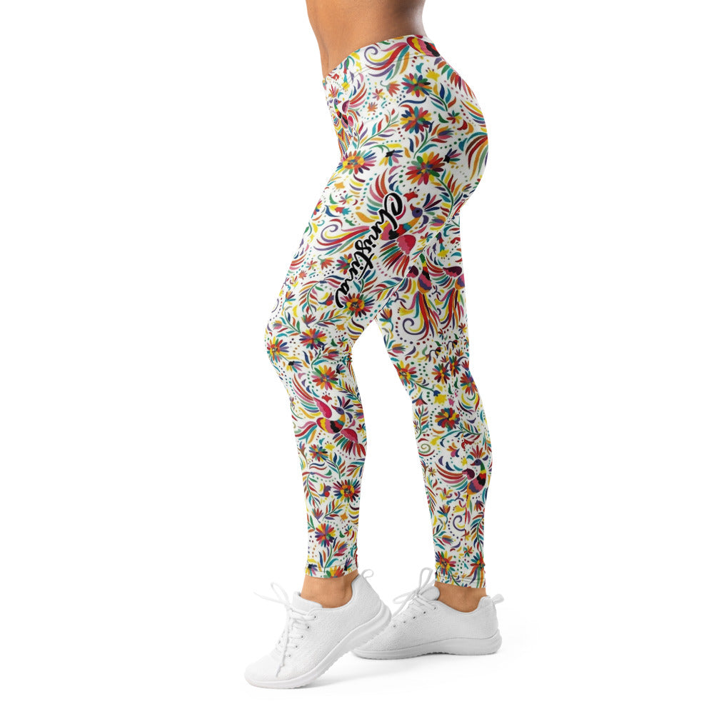 Personalisierte Damen Sportleggings Weiß Bunt Blumen Vögel Muster Fitness Yoga Leggings N404