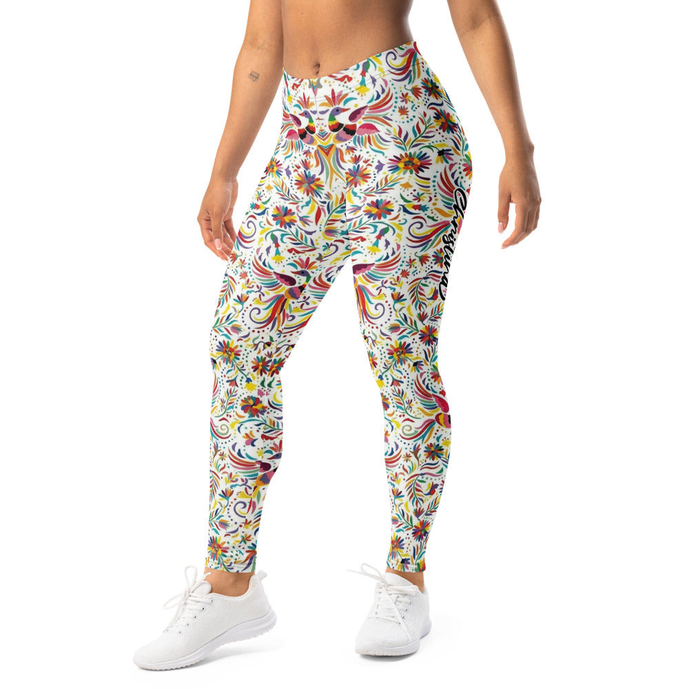 Personalisierte Damen Sportleggings Weiß Bunt Blumen Vögel Muster Fitness Yoga Leggings N404