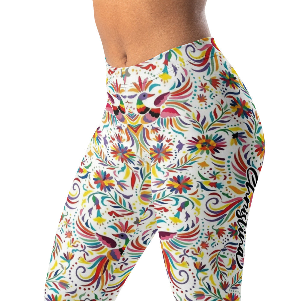 Personalisierte Damen Sportleggings Weiß Bunt Blumen Vögel Muster Fitness Yoga Leggings N404