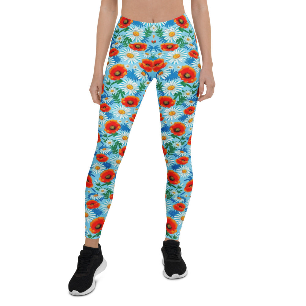 Personalisierte Damen Sportleggings Blumenmuster Hellblau Mohnblumen Gänseblümchen Fitness Leggings Yoga Hose A569