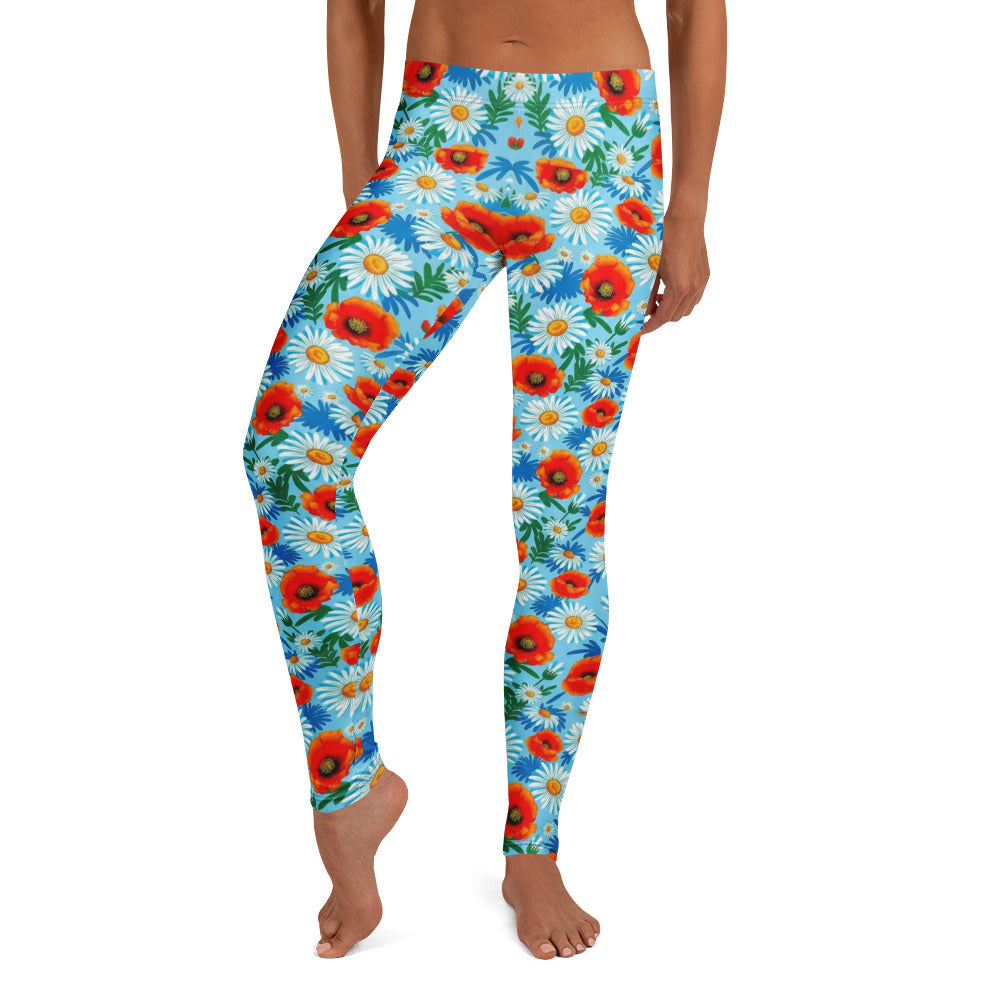 Personalisierte Damen Sportleggings Blumenmuster Hellblau Mohnblumen Gänseblümchen Fitness Leggings Yoga Hose A569
