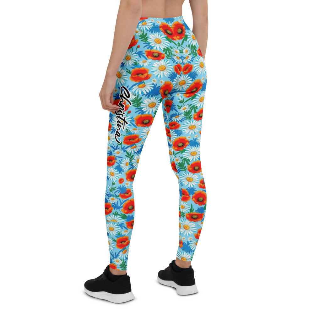 Personalisierte Damen Sportleggings Blumenmuster Hellblau Mohnblumen Gänseblümchen Fitness Leggings Yoga Hose A569