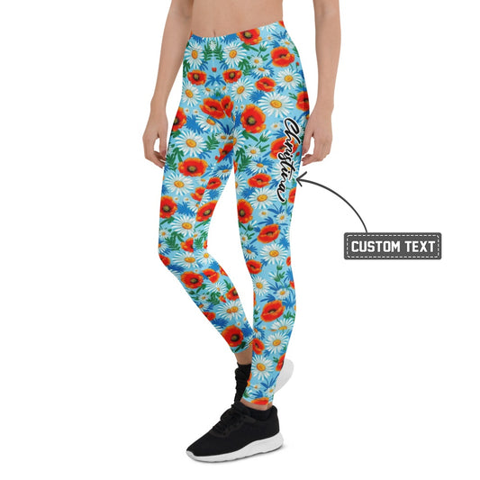 Personalisierte Damen Sportleggings Blumenmuster Hellblau Mohnblumen Gänseblümchen Fitness Leggings Yoga Hose A569 - XL