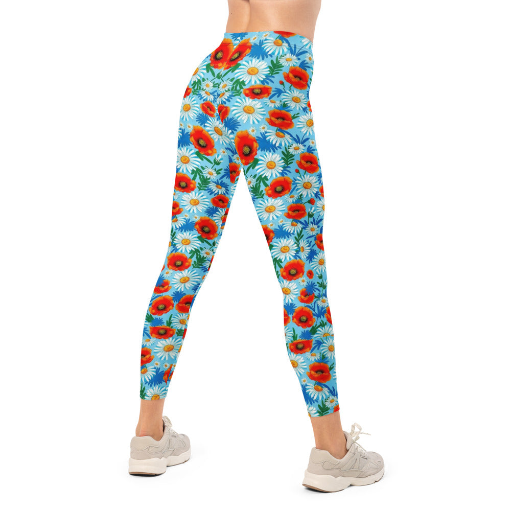 Personalisierte Damen Sportleggings Blumenmuster Hellblau Mohnblumen Gänseblümchen Fitness Leggings Yoga Hose A569