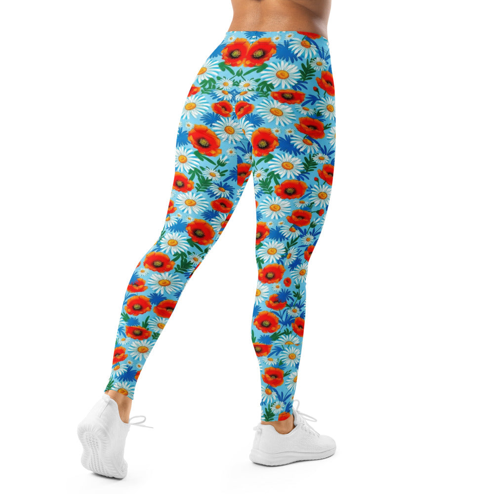 Personalisierte Damen Sportleggings Blumenmuster Hellblau Mohnblumen Gänseblümchen Fitness Leggings Yoga Hose A569