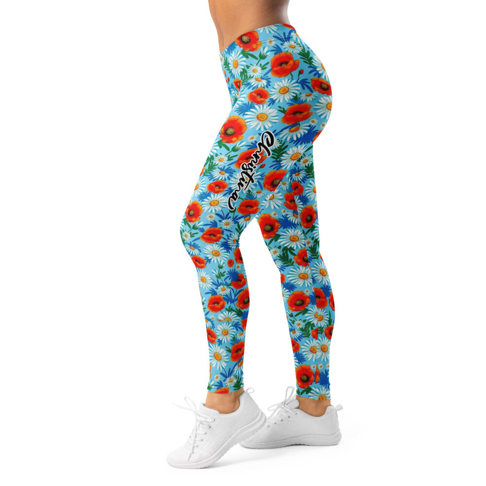 Personalisierte Damen Sportleggings Blumenmuster Hellblau Mohnblumen Gänseblümchen Fitness Leggings Yoga Hose A569