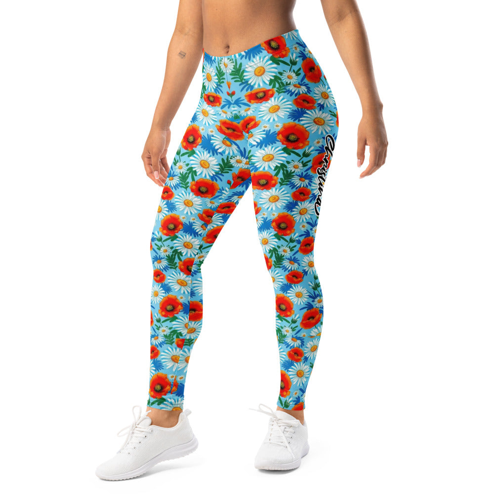 Personalisierte Damen Sportleggings Blumenmuster Hellblau Mohnblumen Gänseblümchen Fitness Leggings Yoga Hose A569