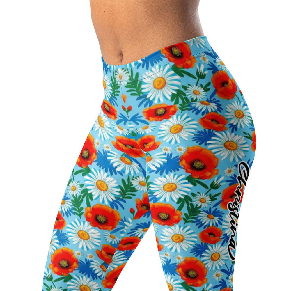Personalisierte Damen Sportleggings Blumenmuster Hellblau Mohnblumen Gänseblümchen Fitness Leggings Yoga Hose A569