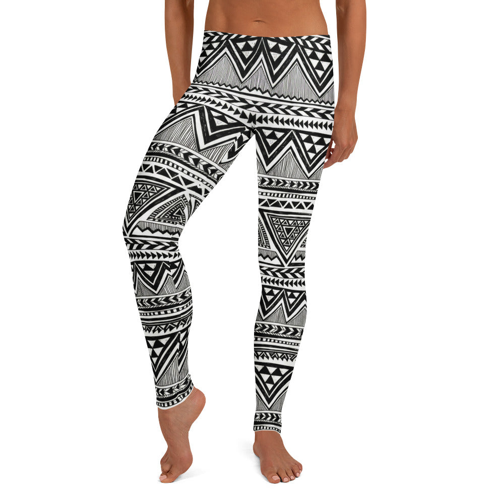 Personalisierte Damen Sportleggings Geometrisches Muster Schwarz Weiß Tribal Design Fitness Leggings E889