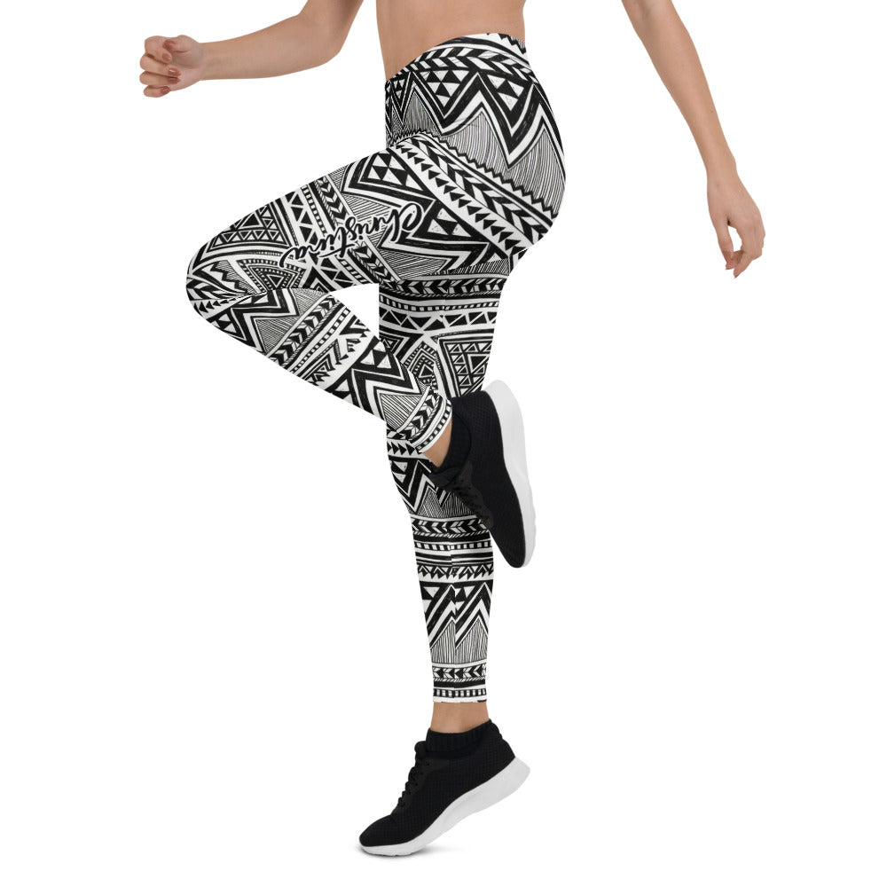 Personalisierte Damen Sportleggings Geometrisches Muster Schwarz Weiß Tribal Design Fitness Leggings E889