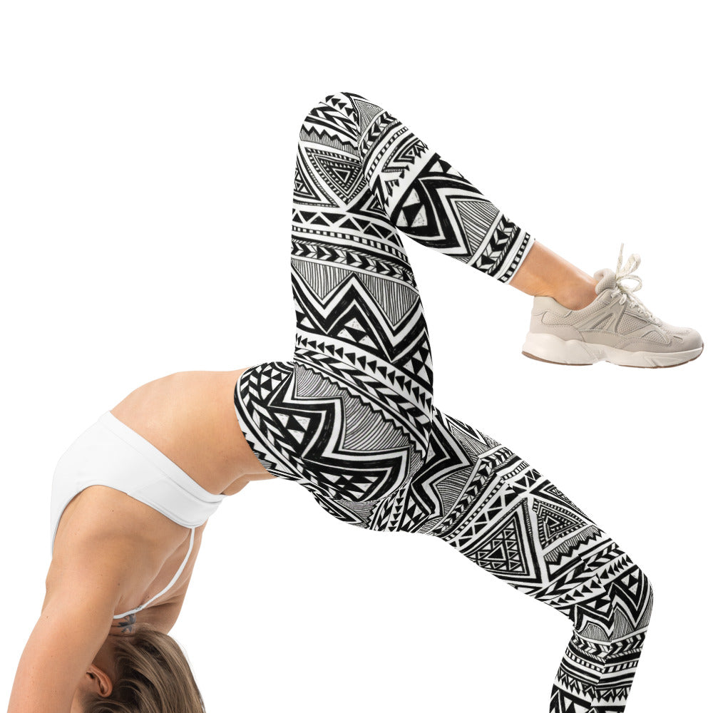 Personalisierte Damen Sportleggings Geometrisches Muster Schwarz Weiß Tribal Design Fitness Leggings E889