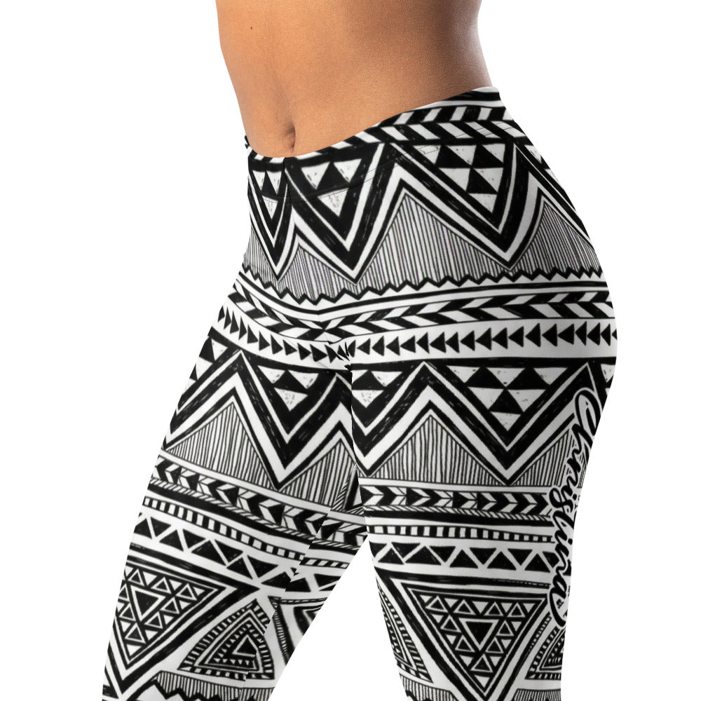 Personalisierte Damen Sportleggings Geometrisches Muster Schwarz Weiß Tribal Design Fitness Leggings E889