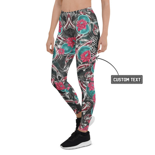 Personalisierte Damen Sportleggings Koi Fisch & Lotusblüte Design Schwarz Rot Türkis Fitness Yoga Leggings O064 - XL