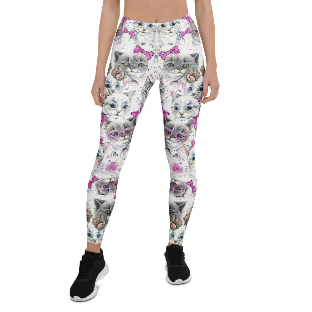 Personalisierte Sportleggings Damen Katzen Motiv Weiß Pink Fitness Yoga Leggings M614