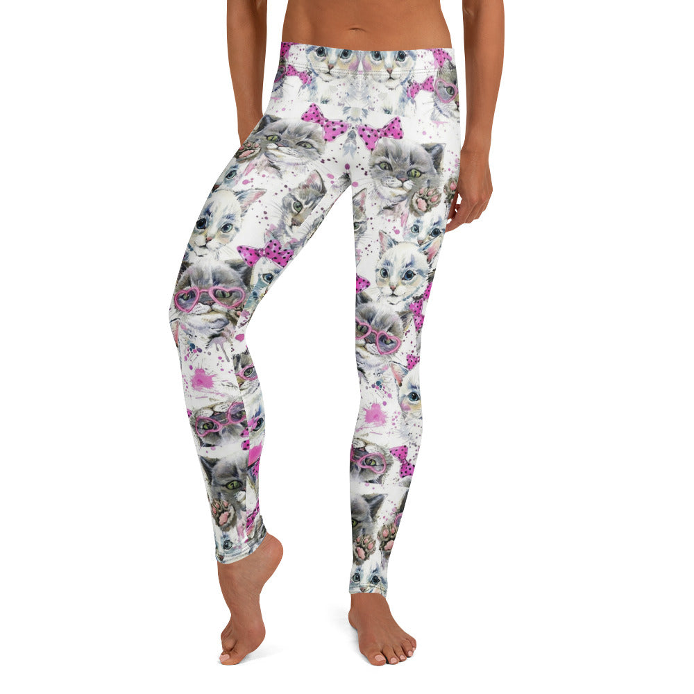 Personalisierte Sportleggings Damen Katzen Motiv Weiß Pink Fitness Yoga Leggings M614