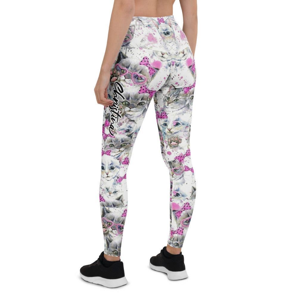 Personalisierte Sportleggings Damen Katzen Motiv Weiß Pink Fitness Yoga Leggings M614