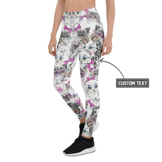 Personalisierte Sportleggings Damen Katzen Motiv Weiß Pink Fitness Yoga Leggings M614 - XL
