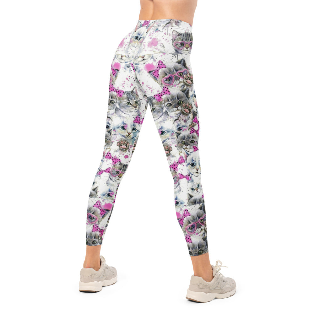Personalisierte Sportleggings Damen Katzen Motiv Weiß Pink Fitness Yoga Leggings M614