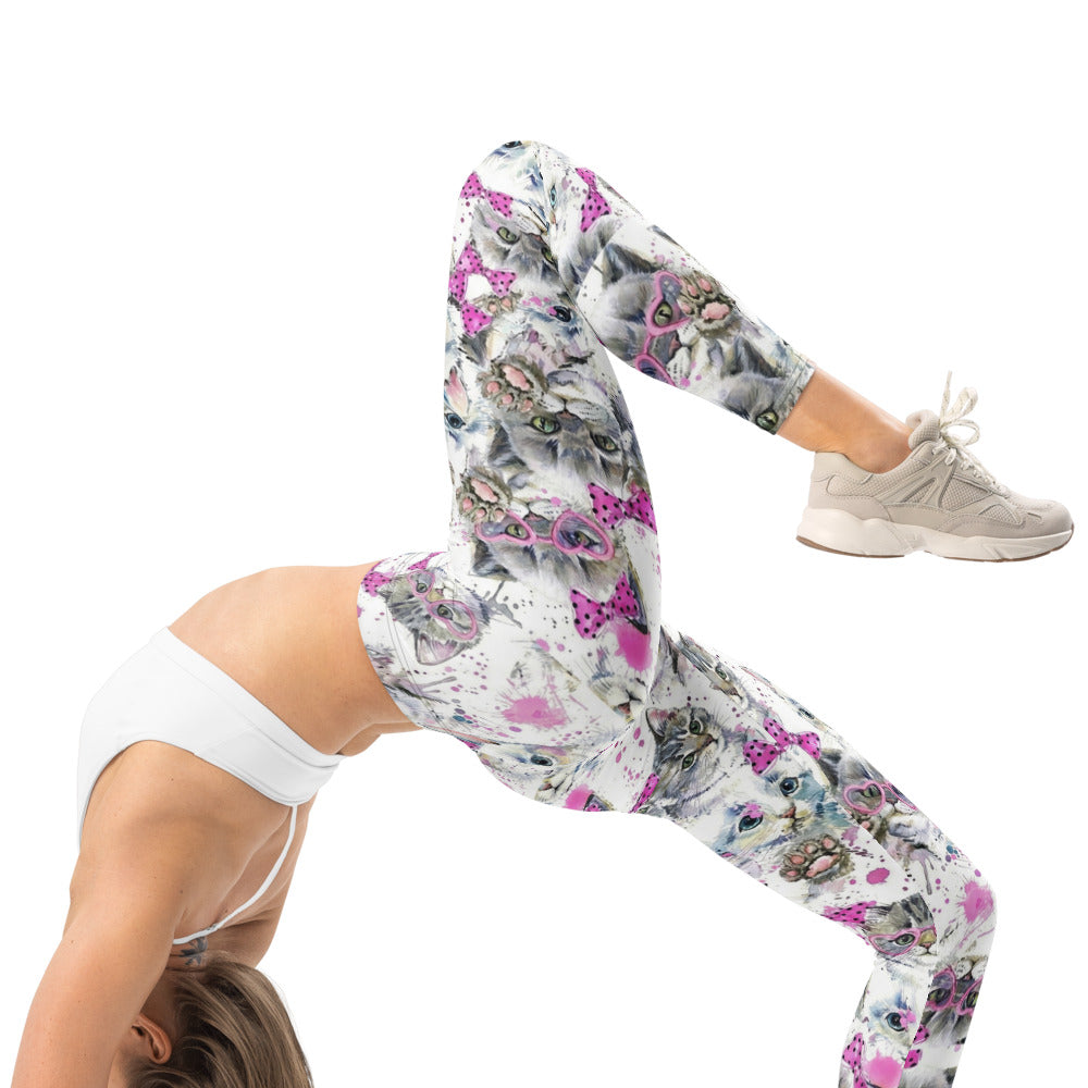 Personalisierte Sportleggings Damen Katzen Motiv Weiß Pink Fitness Yoga Leggings M614