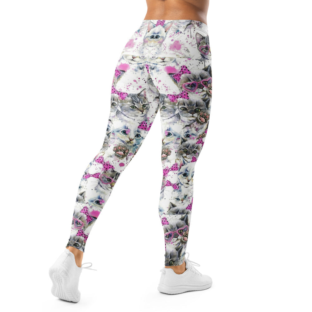 Personalisierte Sportleggings Damen Katzen Motiv Weiß Pink Fitness Yoga Leggings M614