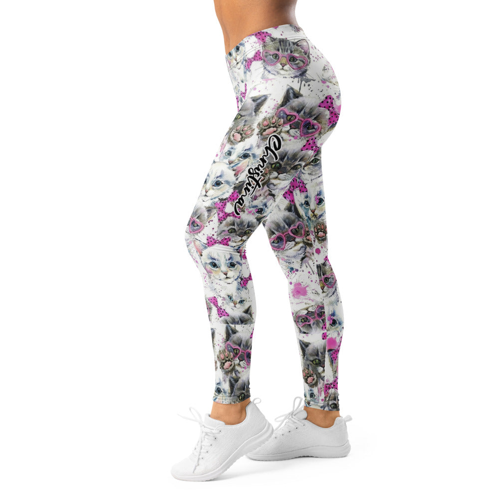 Personalisierte Sportleggings Damen Katzen Motiv Weiß Pink Fitness Yoga Leggings M614