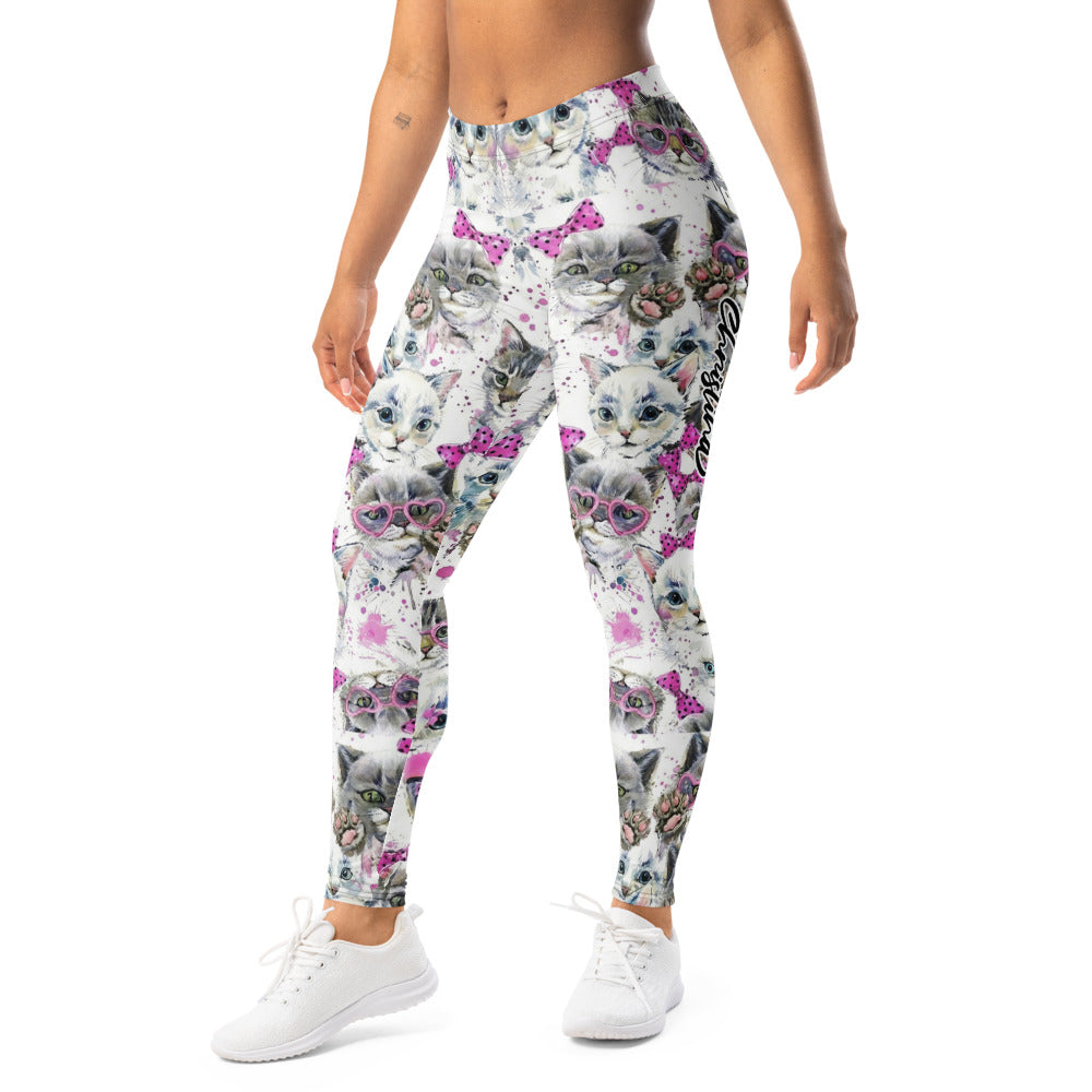 Personalisierte Sportleggings Damen Katzen Motiv Weiß Pink Fitness Yoga Leggings M614
