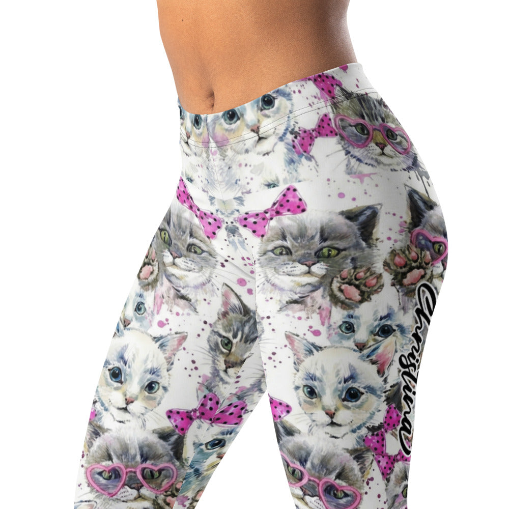 Personalisierte Sportleggings Damen Katzen Motiv Weiß Pink Fitness Yoga Leggings M614