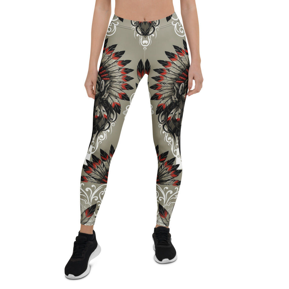 Personalisierte Damen Sportleggings Indianer Design Khaki Schwarz Rot Fitness Leggings Federschmuck Muster L439
