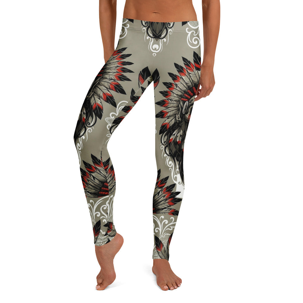 Personalisierte Damen Sportleggings Indianer Design Khaki Schwarz Rot Fitness Leggings Federschmuck Muster L439