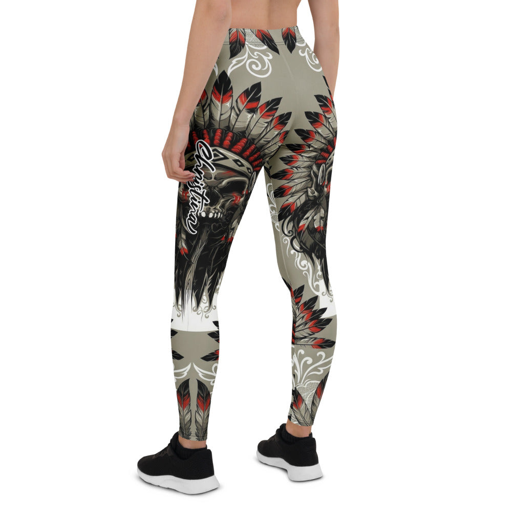 Personalisierte Damen Sportleggings Indianer Design Khaki Schwarz Rot Fitness Leggings Federschmuck Muster L439