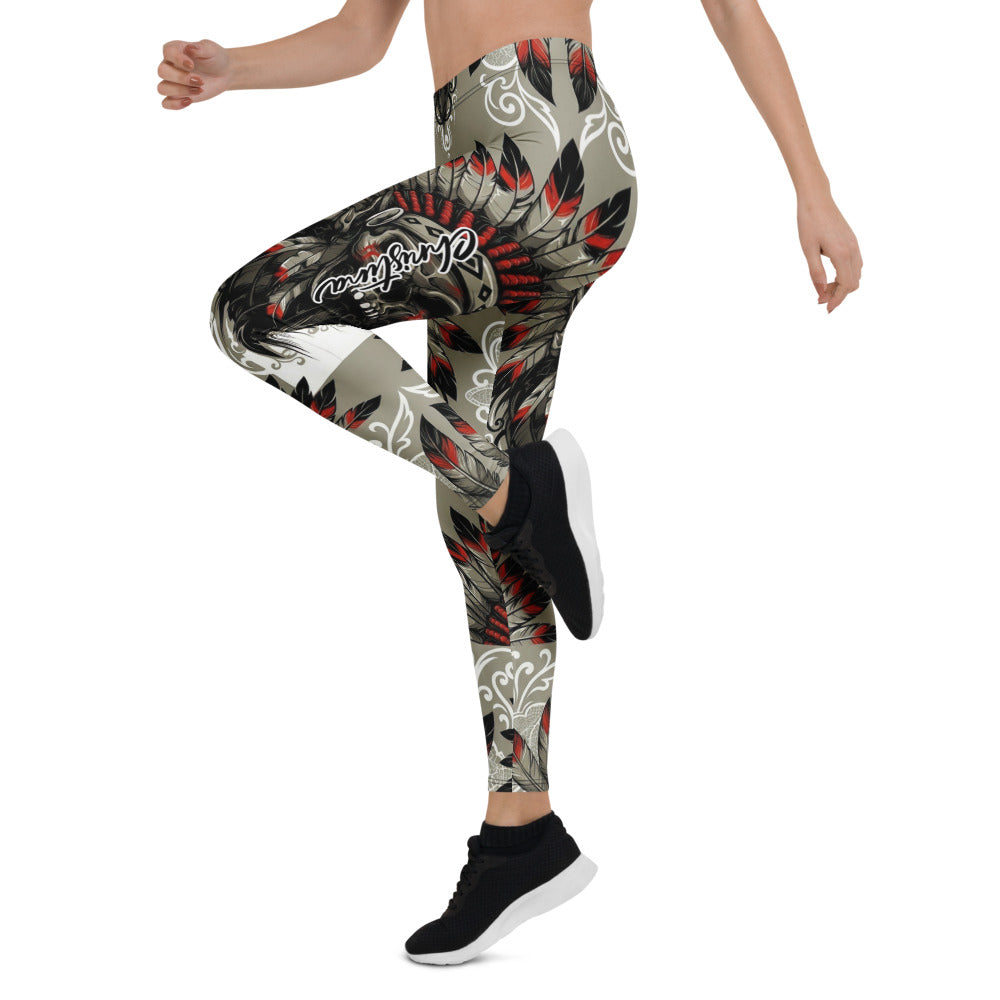Personalisierte Damen Sportleggings Indianer Design Khaki Schwarz Rot Fitness Leggings Federschmuck Muster L439