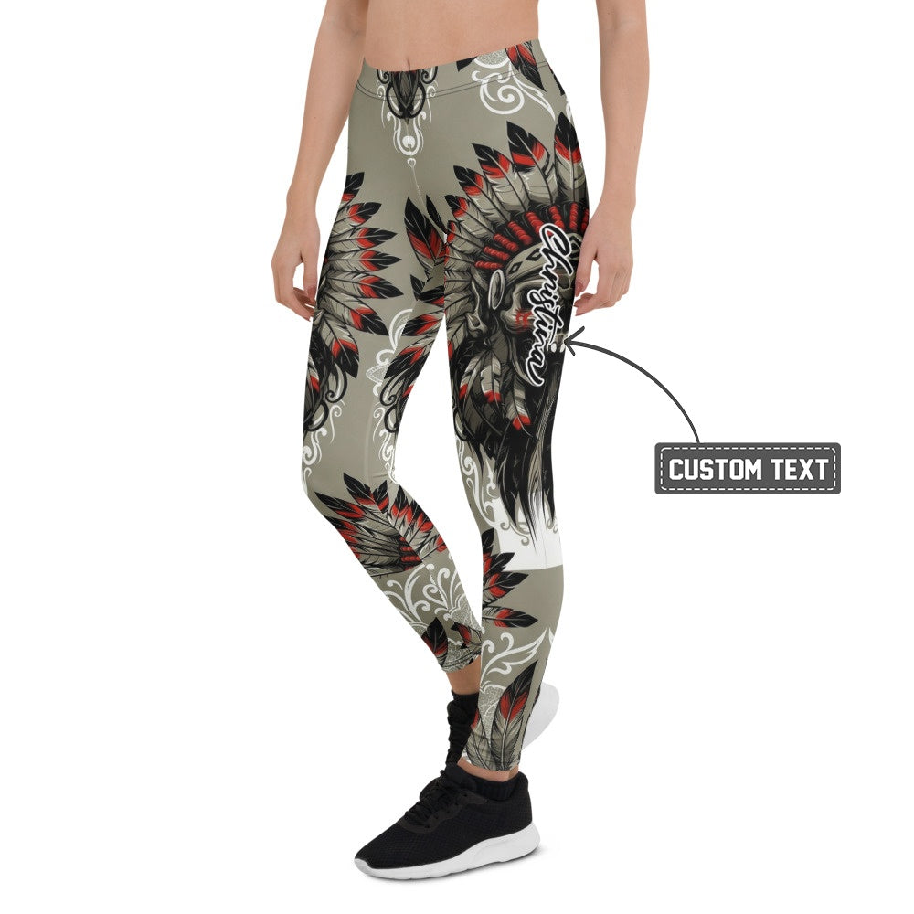 Personalisierte Damen Sportleggings Indianer Design Khaki Schwarz Rot Fitness Leggings Federschmuck Muster L439 - XL