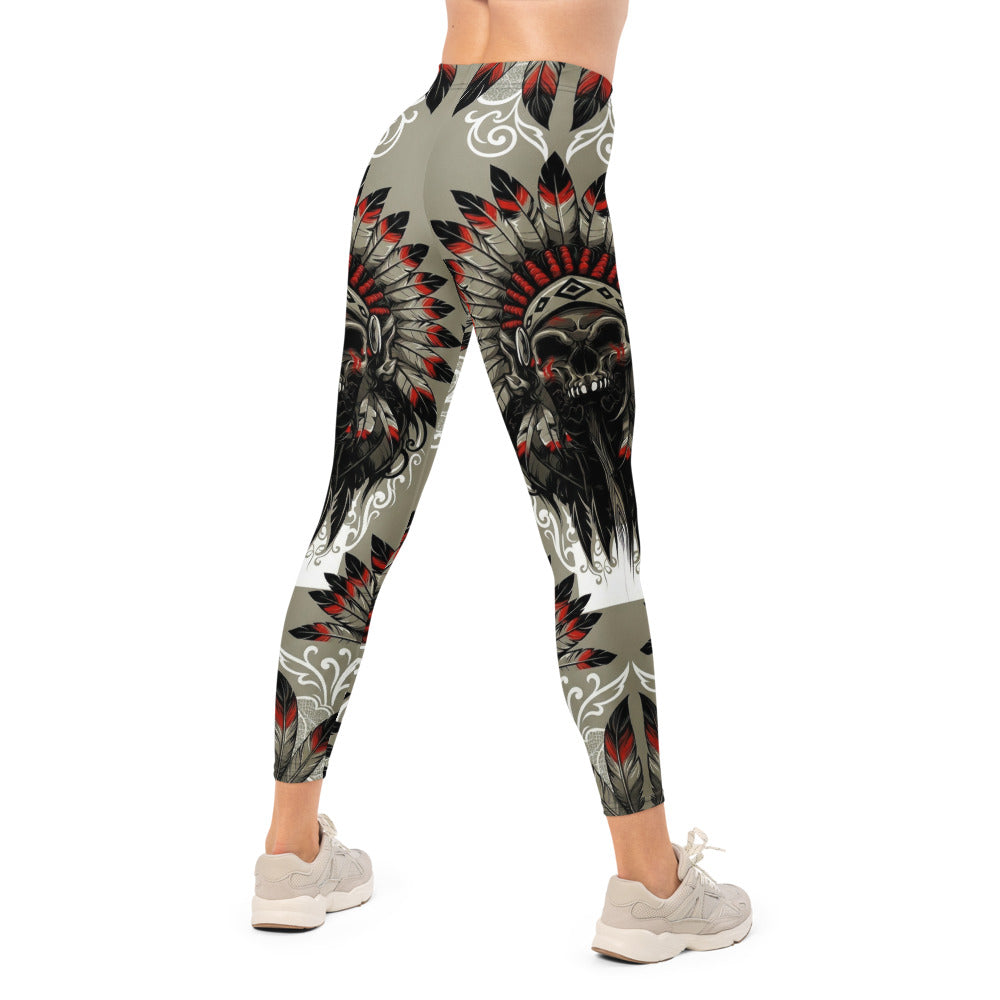 Personalisierte Damen Sportleggings Indianer Design Khaki Schwarz Rot Fitness Leggings Federschmuck Muster L439