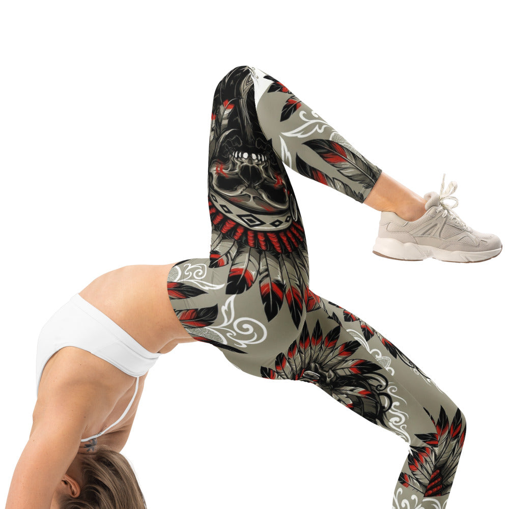 Personalisierte Damen Sportleggings Indianer Design Khaki Schwarz Rot Fitness Leggings Federschmuck Muster L439