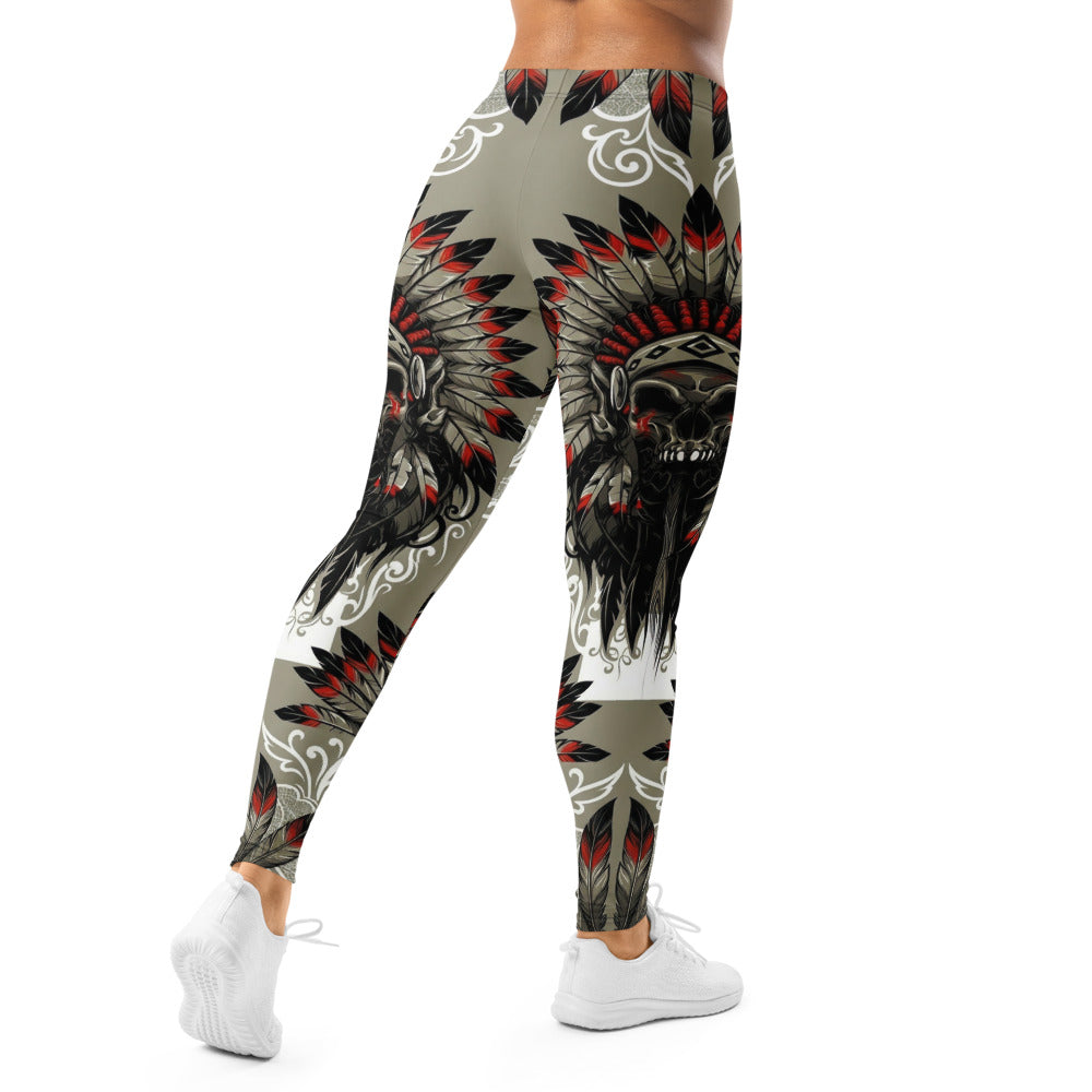 Personalisierte Damen Sportleggings Indianer Design Khaki Schwarz Rot Fitness Leggings Federschmuck Muster L439