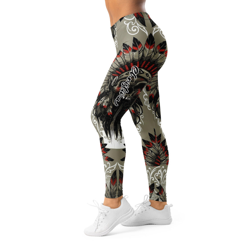 Personalisierte Damen Sportleggings Indianer Design Khaki Schwarz Rot Fitness Leggings Federschmuck Muster L439