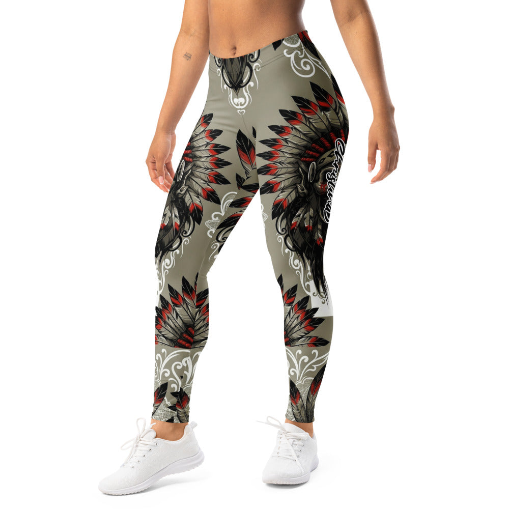 Personalisierte Damen Sportleggings Indianer Design Khaki Schwarz Rot Fitness Leggings Federschmuck Muster L439