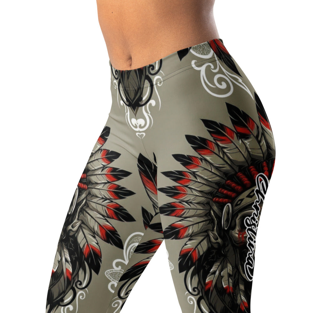 Personalisierte Damen Sportleggings Indianer Design Khaki Schwarz Rot Fitness Leggings Federschmuck Muster L439
