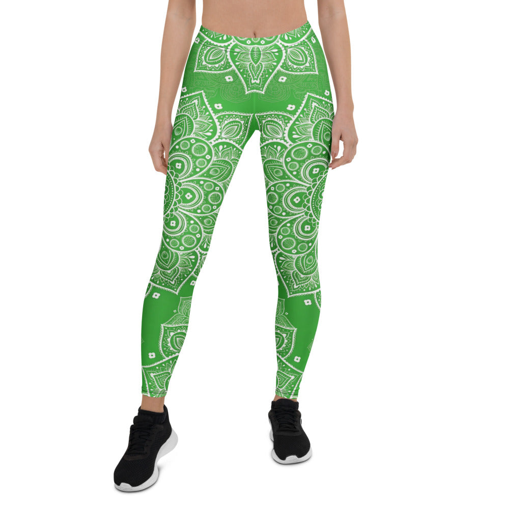 Personalisierte Damen Yoga Leggings Mandala Muster Grün Weiß Sportleggings Fitnesshose T581