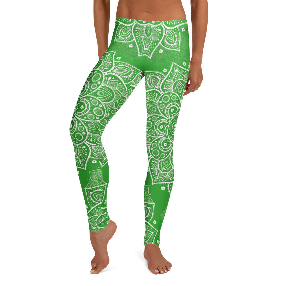 Personalisierte Damen Yoga Leggings Mandala Muster Grün Weiß Sportleggings Fitnesshose T581