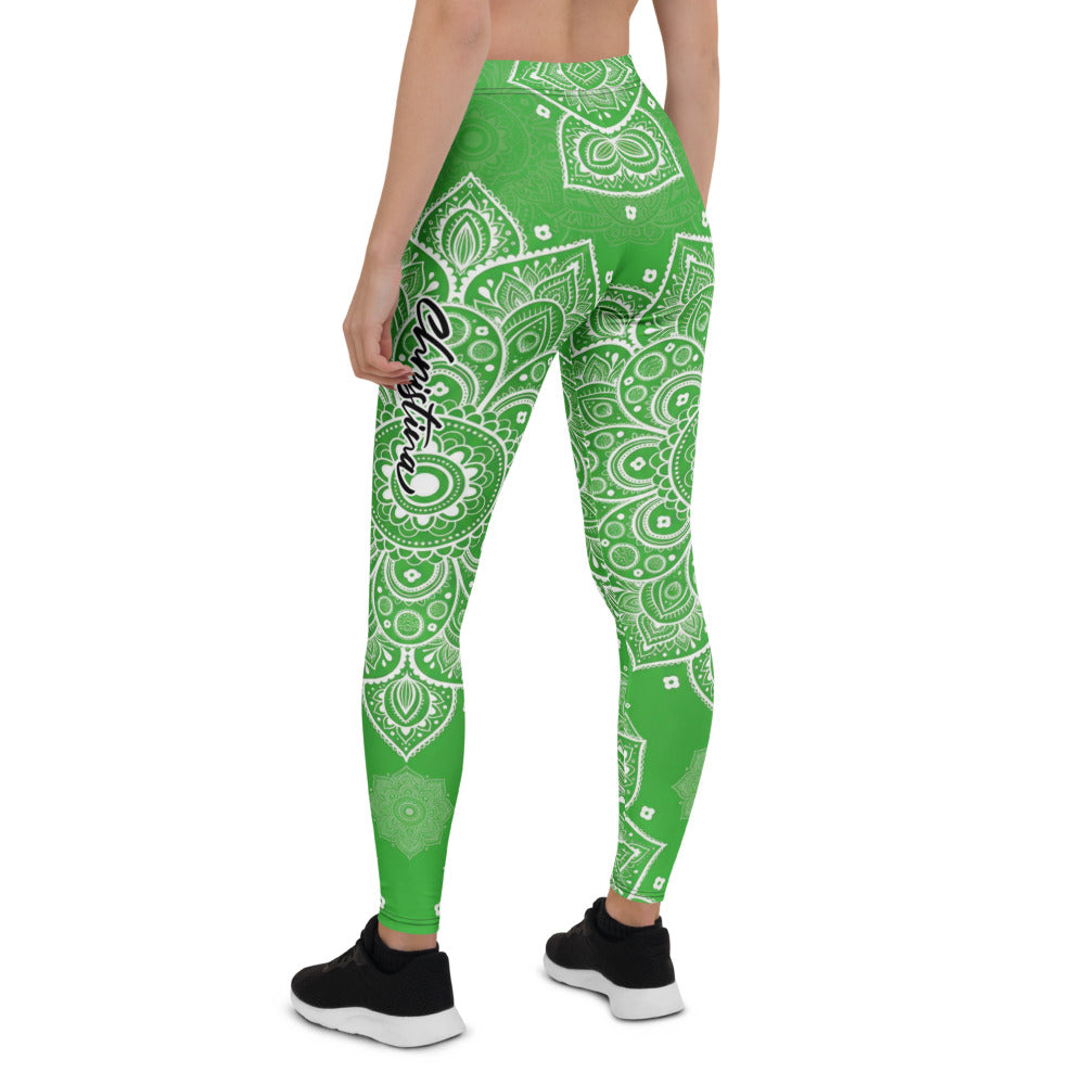 Personalisierte Damen Yoga Leggings Mandala Muster Grün Weiß Sportleggings Fitnesshose T581