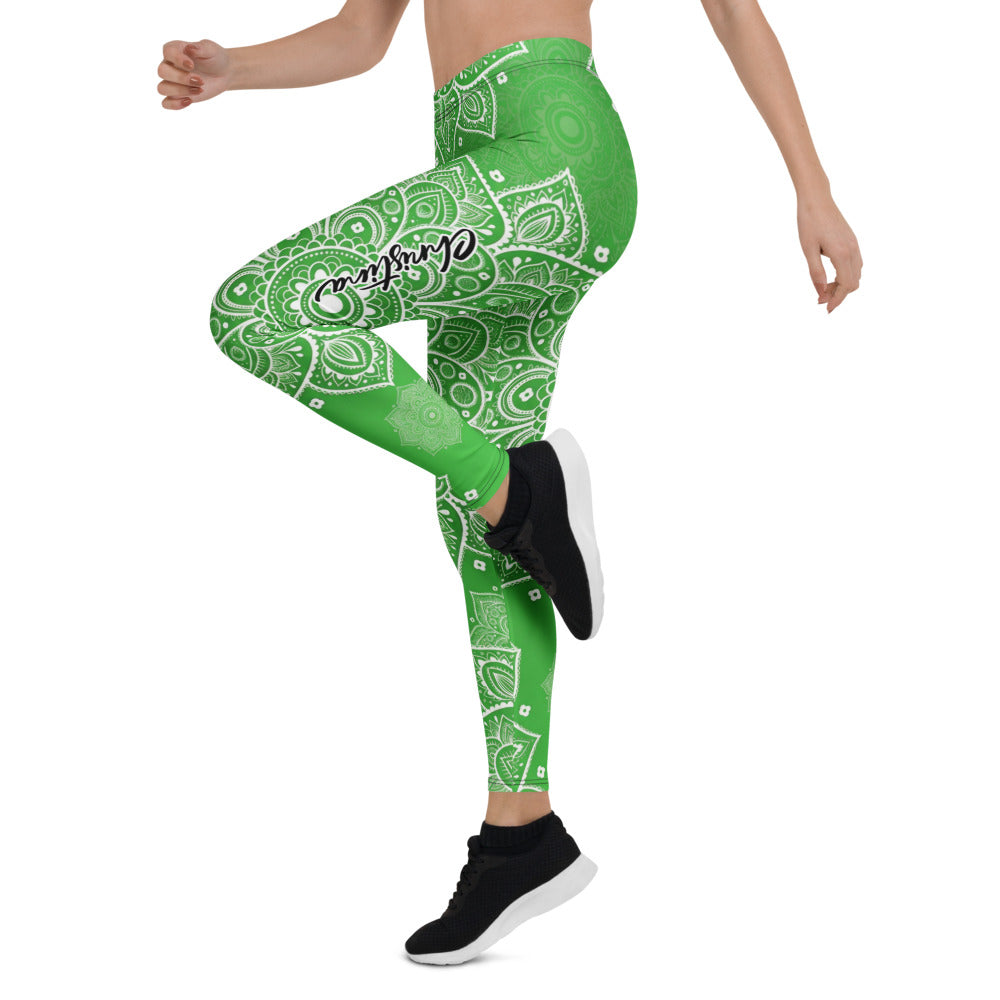 Personalisierte Damen Yoga Leggings Mandala Muster Grün Weiß Sportleggings Fitnesshose T581