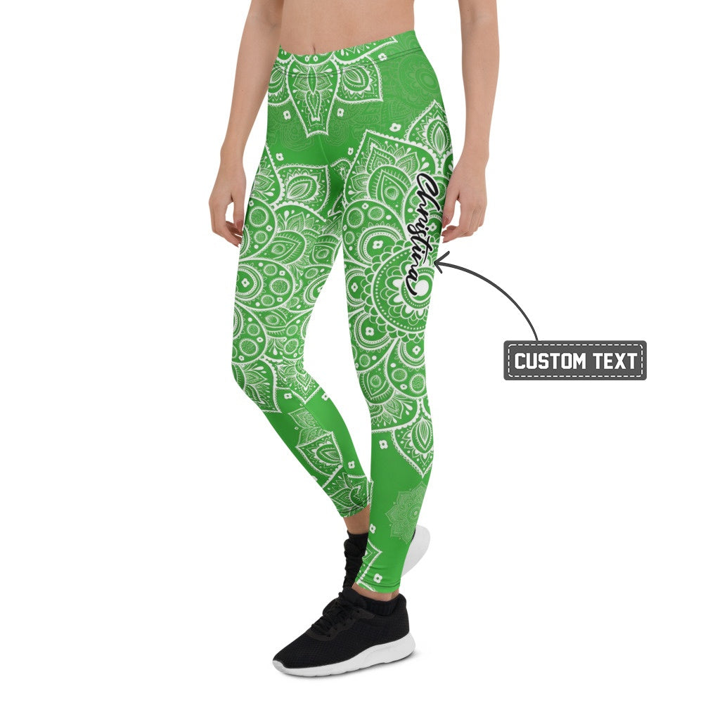 Personalisierte Damen Yoga Leggings Mandala Muster Grün Weiß Sportleggings Fitnesshose T581 - XL