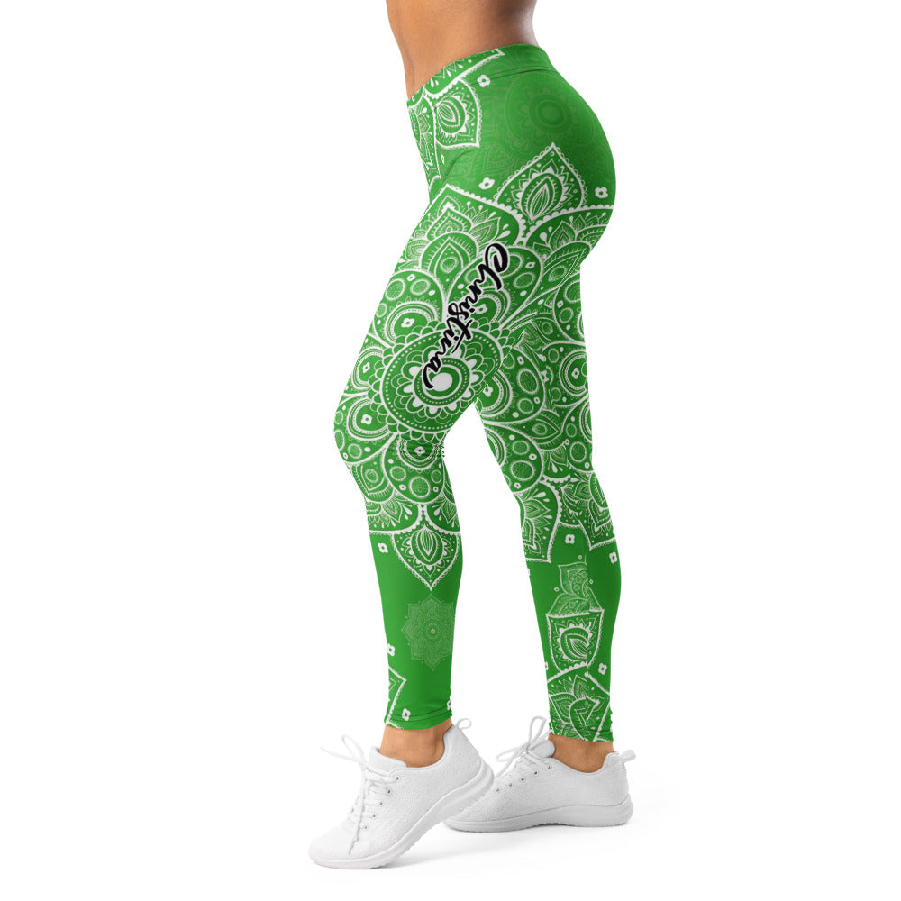 Personalisierte Damen Yoga Leggings Mandala Muster Grün Weiß Sportleggings Fitnesshose T581